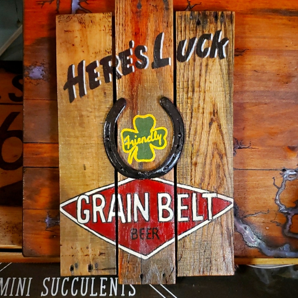 Hand painted Wooden Grain Belt Beer Sign with horseshoe